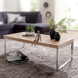 FineBuy Tavolino in legno massiccio di acacia 120x60x40 cm - Tavolo rettangolare da soggiorno con base a slitta cromata - Design industriale fatto a mano
