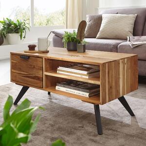 FineBuy Tavolino in legno massello di acacia 95 cm · Tavolino rettangolare per soggiorno con cassetto e ripiani · Gambe in metallo nero dal design industriale