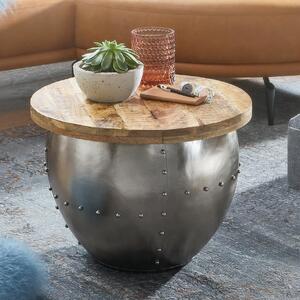 FineBuy Tavolino da salotto in legno massello di mango / metallo argento 60x43x60 cm Tavolino da salotto rotondo in stile industriale con vano portaoggetti Tavolino da salotto moderno Tavolino da divano