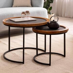 FineBuy set di 2 tavolini da caffè in legno massiccio mango / look pietra tavolo da salotto tavolino rotondo con struttura in metallo tavolino da caffè tavolo da divano moderno