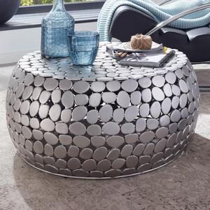 FineBuy Tavolino di design rotondo 66 cm in metallo argento - Tavolo da salotto in alluminio fatto a mano - Tavolo da divano moderno in pietra tavolino da salotto