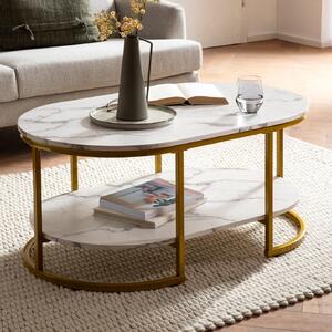 Tavolino FineBuy 100x60x45 cm, effetto marmo bianco, tavolo da salotto rettangolare, tavolino da divano, tavolino da caffè moderno con struttura in metallo dorato