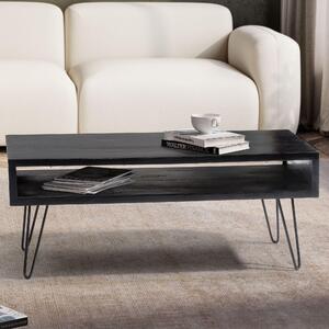FineBuy tavolino da caffè in legno massiccio di mango nero 100x50 cm - tavolo da soggiorno rettangolare con ripiano - tavolo in legno massiccio gambe a forcina design industriale