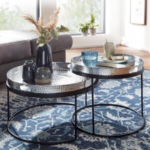 FineBuy, set di 2 tavolini in metallo argentato effetto martellato, tavolino rotondo, tavolino da divano con vassoio removibile, tavolino da divano, set da 2, tavolino rotondo supplementare