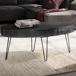 FineBuy Tavolino 100cm ovale in legno massiccio di mango nero - Tavolo da soggiorno con cassetto e gambe a forcina - Tavolo moderno in legno massiccio design industriale