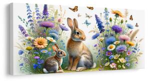 Quadro su tela – Fiori di campo e coniglietti tra le farfalle