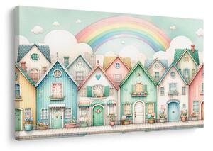 Quadro su tela – Casette pastello con arcobaleno