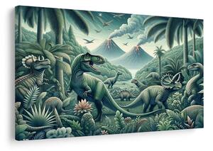 Quadro su tela – Dinosauri nella giungla con vulcani
