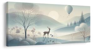 Quadro su tela – Paesaggio boschivo con cervo e montagne