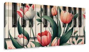 Quadri 5 pezzi – Pianoforte e tulipani in sinfonia floreale