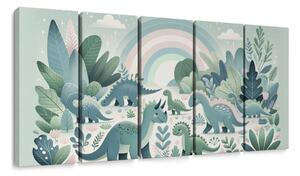 Quadri 5 pezzi – Mondo dei dinosauri con arcobaleno e giungla verde