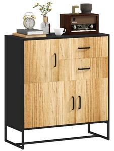 HOMCOM Credenza Moderna con 3 Armadietti e 2 Cassetti, in Truciolato e Acciaio, 80x35x88 cm, Nero e color Legno