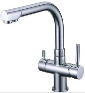 Miscelatore per cucina a 3 vie - Rubinetto girevole a tutto tondo - Acqua calda, fredda e filtrata - Due manopole - Installazione monoblocco su piano di lavoro - Ottone, trasparente