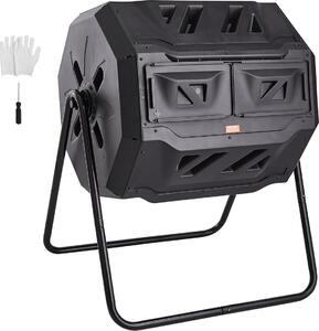 Contenitore per compost, bidone per compostaggio a doppia camera da 43 galloni, grande composter rotante con 2 porte scorrevoli e telaio in acciaio, bidone per compostaggio senza BPA per giardino, cucina, cortile, esterni
