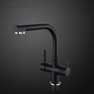 Miscelatore da cucina a 3 vie - 3 in 1 - Rubinetto con bocchetta girevole - Acqua calda e fredda - Acqua potabile filtrata - Due manopole - Ottone - Nero