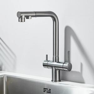 Miscelatore per cucina con filtro dell'acqua, estensibile, con due maniglie, foro singolo, per acqua calda e fredda, in ottone, colore grigio