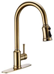 Miscelatore da cucina con sensore a contatto - Miscelatore monocomando - Doccetta estraibile - Acqua calda e fredda - Girevole - Montaggio su piano di lavoro - Ottone spazzolato dorato