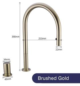 Miscelatore per lavello da cucina, estraibile, con due fori - Miscelatore monocomando - Realizzato in ottone massiccio - Acqua calda e fredda - Inossidabile - Finitura dorata spazzolata