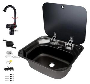 Lavello per camper SC002 - 50x43 cm - acciaio inossidabile 304 - coperchio in vetro temperato - rubinetto pieghevole per acqua calda/fredda - tappetino isolante acustico - colore nero