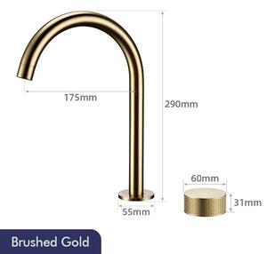 Miscelatore per lavabo da bagno - Set a 2 fori, montaggio a distanza - 2 pezzi - Bocchetta girevole a 360° - Due manopole per acqua calda/fredda - Ottone senza piombo - Manopole scanalate - Attacco G1/2 - Finitura oro spazzolato