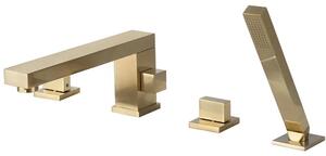 Miscelatore per vasca da bagno - Miscelatore a 4 fori con doccetta manuale - Montaggio a filo pavimento - Due manopole per acqua calda/fredda - Ottone - Larghezza 20 cm - Finitura oro spazzolato