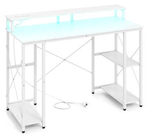 Costway Scrivania per computer con stazione di ricarica e luci mensola ripiani reversibili, Tavolo pc per studio e gaming in legno e acciaio Bianco