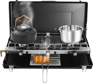 Griglia a gas per campeggio - Griglia da tavolo con 3 bruciatori - Coperchio antivento - Fornello a gas portatile - Ideale per attività all'aperto e picnic - Colore: nero