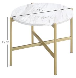 HOMCOM Tavolino da Caffè con Piano d'Appoggio Effetto Marmo e Struttura in Metallo Dorato, Ø55x45cm, Bianco