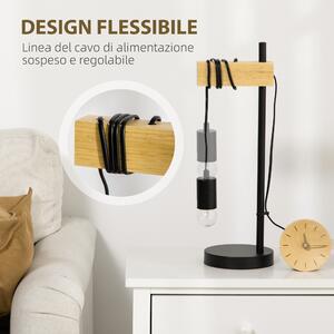 HOMCOM Lampada da Tavolo Design Industriale, Legno e Acciaio, Illuminazione Elegante per Ufficio e Casa, Nero e Naturale
