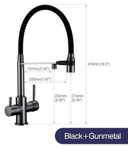 Miscelatore per lavello da cucina - Rubinetto da cucina a 3 vie - Doccetta estraibile - Rotazione a 360° - Due manopole - Acqua calda e fredda - Filtro per acqua potabile - Grigio gunmetal