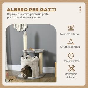 PawHut Albero Tiragraffi per Gatti con Casetta e Lettino, Rivestimento Peluche e Gioco, 48x48x86cm, Grigio