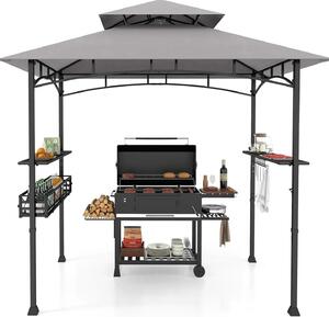 Gazebo per barbecue - Riparo per barbecue - Doppio tetto - Ripiani laterali - Cestello in metallo - Ganci - Poliestere - Grigio chiaro
