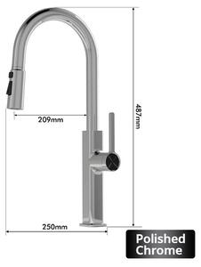 Miscelatore per lavello da cucina – Miscelatore estraibile – Girevole a 360° – Montaggio a foro singolo – Miscelatore per acqua calda e fredda – Corpo in ottone – Finitura cromata lucida