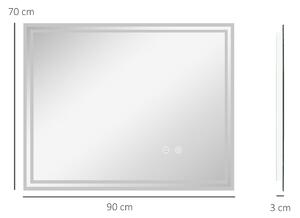 Kleankin Specchio Bagno con Luce LED 3 Livelli Rettangolare, Antiappannamento e Interruttore Touch, 90x70cm