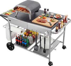 Carrello barbecue - Tavolo barbecue con ruote Carrello di servizio - Piano tavolo 92,5 x 59,5 x 2,5 cm - 4 contenitori per spezie con coperchio - Ruote - Ganci - Tavolo per la preparazione del barbecue