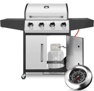 Griglia a gas per metano - 4+1 bruciatori - Carrello per griglia - 4 bruciatori principali da 2,93 kW - 1 bruciatore laterale da 2,33 kW - Ampia superficie di cottura - Adatta per esterni - Acciaio inossidabile - Argento