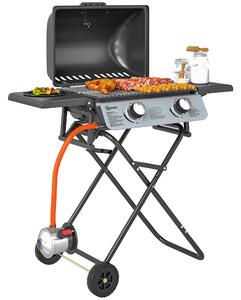 Outsunny Barbecue a Gas Portatile con 2 Bruciatori e 2 Tavolini, Coperchio con Termometro e Ruote, Nero