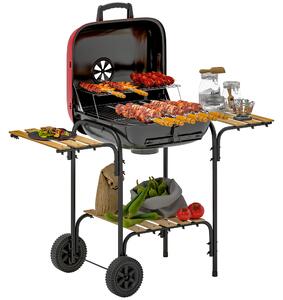 Outsunny Barbecue a Carbone con 3 Ripiani e Ruote, Coperchio con Presa d'Aria Regolabile, Rosso