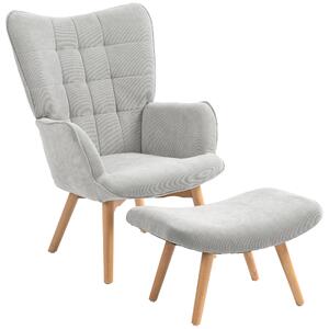 HOMCOM Poltrona Relax con Pouf Poggiapiedi in Velluto a Costine con Schienale Alto e Braccioli, Grigio | Aosom Italy