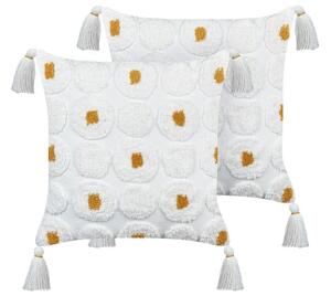 2 cuscini decorativi in cotone bianco 45 x 45 cm, con puntini e frange gialle Beliani