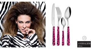 Posate colorate set 24 pezzi 6 posti tavola Animalier collection , Stile Contemporaneo Urban , 18/10 in confezione regalo lavabili in lavastoviglie Leopardato Fucsia