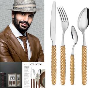 Servizio Posate set 24 pezzi 6 posti tavola Intreccio Beige Acciaio e Cuoio Country Vintage 18/10 in confezione regalo lavabili in lavastoviglie