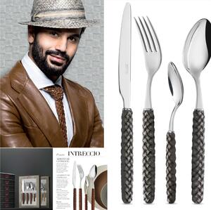 Servizio Posate set 24 pezzi 6 posti tavola Intreccio Nero Acciaio e Cuoio Country Vintage 18/10 in confezione regalo lavabili in lavastoviglie
