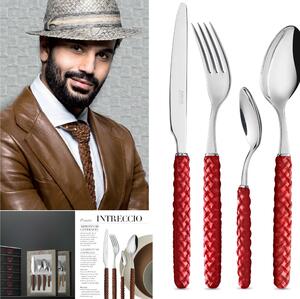 Servizio Posate set 24 pezzi 6 posti tavola Intreccio Rosso Acciaio e Cuoio Country Vintage 18/10 in confezione regalo lavabili in lavastoviglie