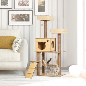 AllMyPets Albero Tiragraffi per Gatti con Casetta, 2 Lettini, Amaca e Pallina, in Legno, Poliestere e Sisal 60x40x130 cm - 87Z369