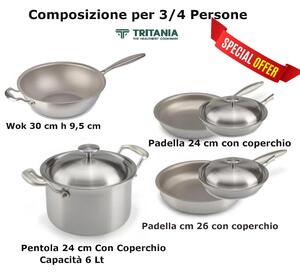 Batteria di pentole in Titanio 7 pezzi TRITANIA ZERO-TOXIC, Zero Nickel superficie di cottura in titanio massiccio al 100x100 con Wok Saltapasta