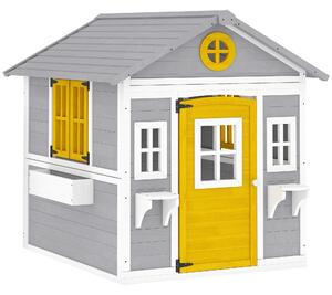 Outsunny Casetta bambini legno con porta, finestre e fioriere, Grigio | Aosom Italy