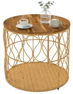 Outsunny Tavolino laterale Ø50 cm effetto rattan con piano acacia, Teak | Aosom Italy
