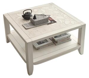 MOBILI 2G - TAVOLINO SHABBY CON DECORO FOGLIA LEGNO MASSELLO BIANCO L.70 P.70 H.40