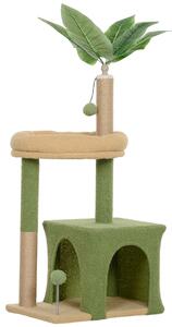 PawHut Albero Tiragraffi per Gatti con Casetta, Lettino e 2 Palline, in Legno e Poliestere, 44x30x98 cm, Verde e Marrone